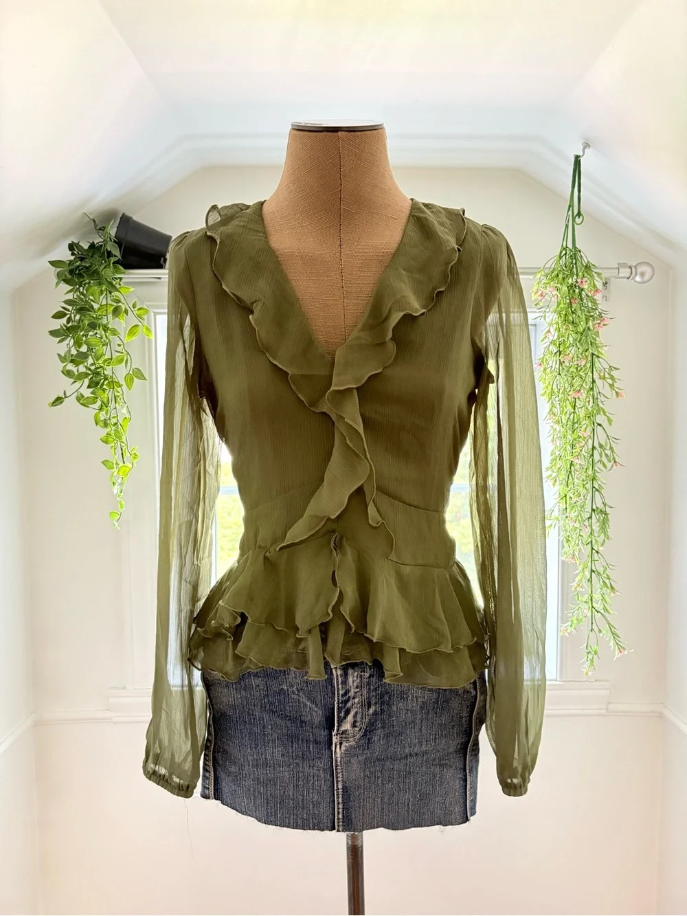 Olive Green Ruffle Blouse - Women Tops - Picture 1 of 6